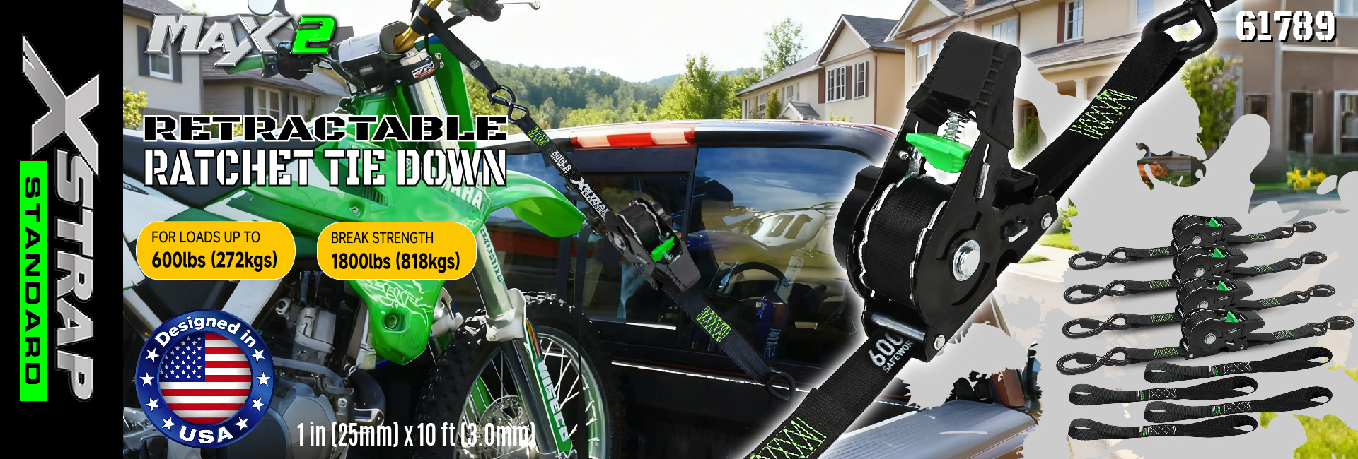 Xstrap 61789 tilbagetrækkelige skraldebindingsstropper 1 tommer x 10 ft Sikker binding til motorcykel Jetski kajak Brudstyrke 1.500 LBS/680 KG