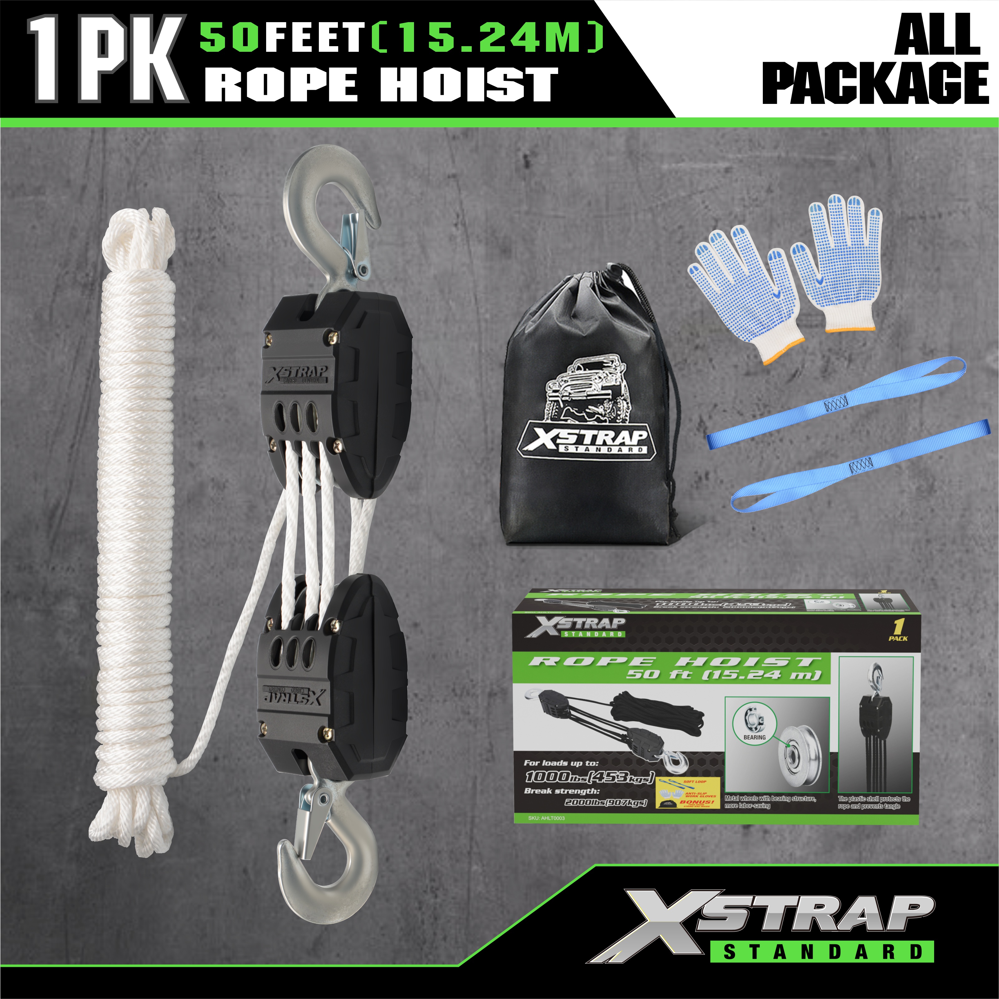 XSTRAP AHLT0003 White Rope Hoist Remskive System 1000LB Kapacitet
