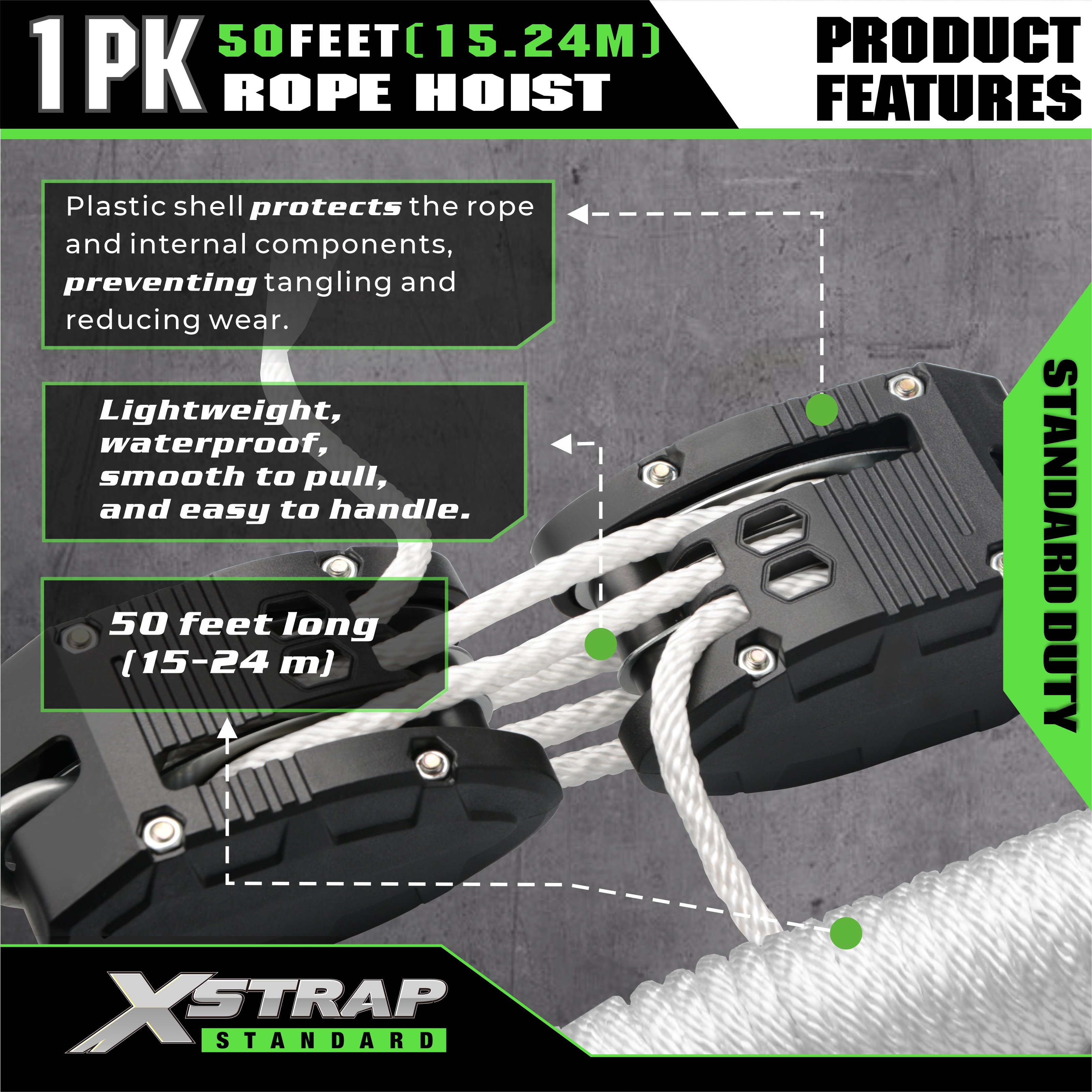 XSTRAP AHLT0003 White Rope Hoist Remskive System 1000LB Kapacitet