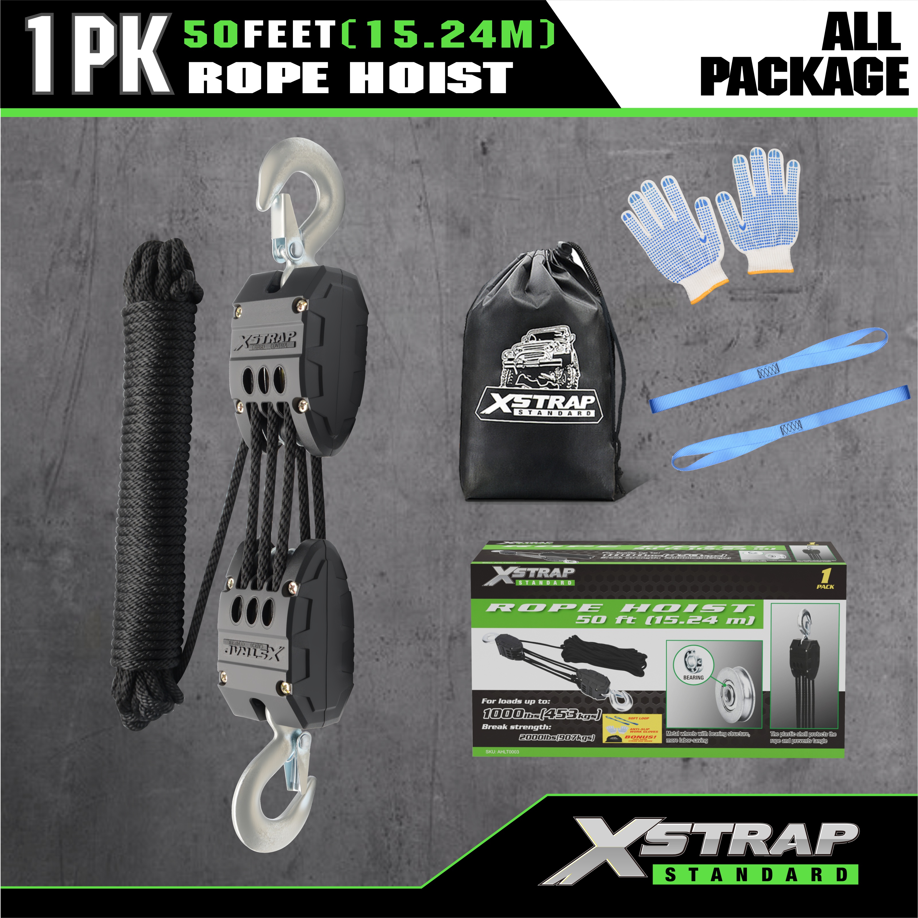 XSTRAP AHLT0003 Sort Rope Hoist Pulley System 1000LB