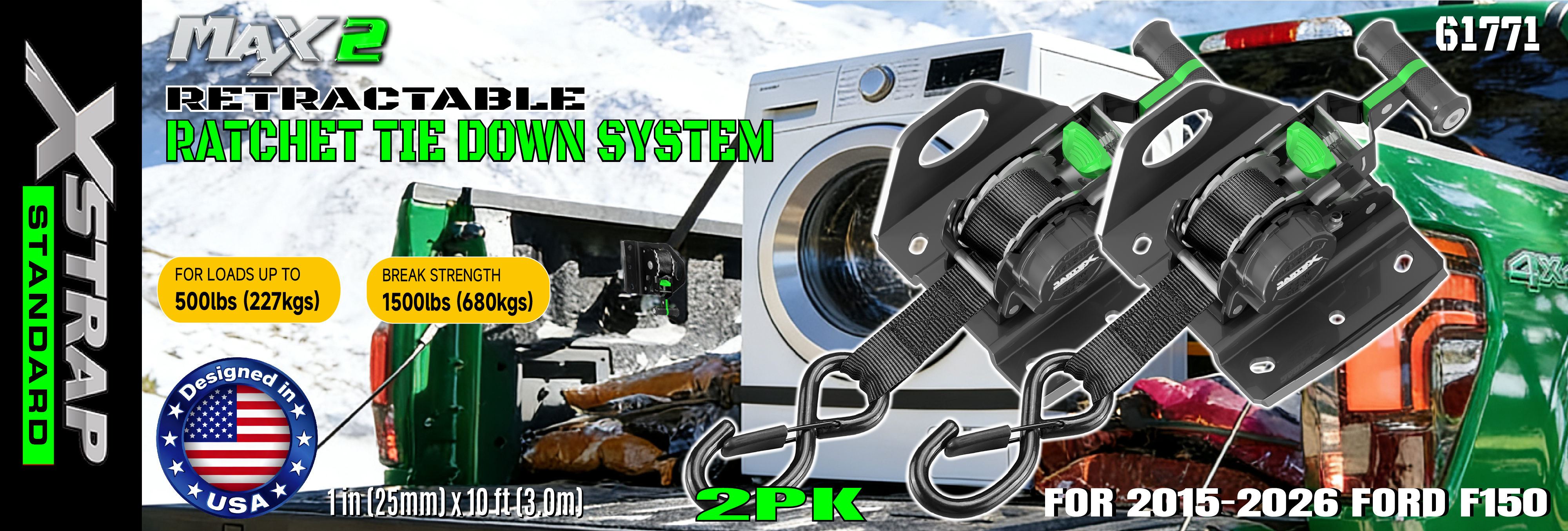 Xstrap 61771 tilbagetrækkelige skraldestropper Passer til F150 biltilbehør 500LB SWL